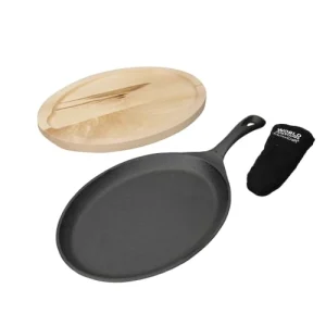 World Of Flavours Poêle à Fajita En Fonte Avec Plateau De Service En Bois-noir 16