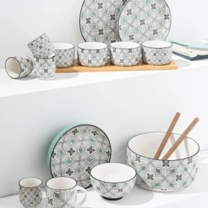 Maisons Du Monde Saladier En Grès Motifs Graphiques Bleu Gris, Verts Et Blancs 6